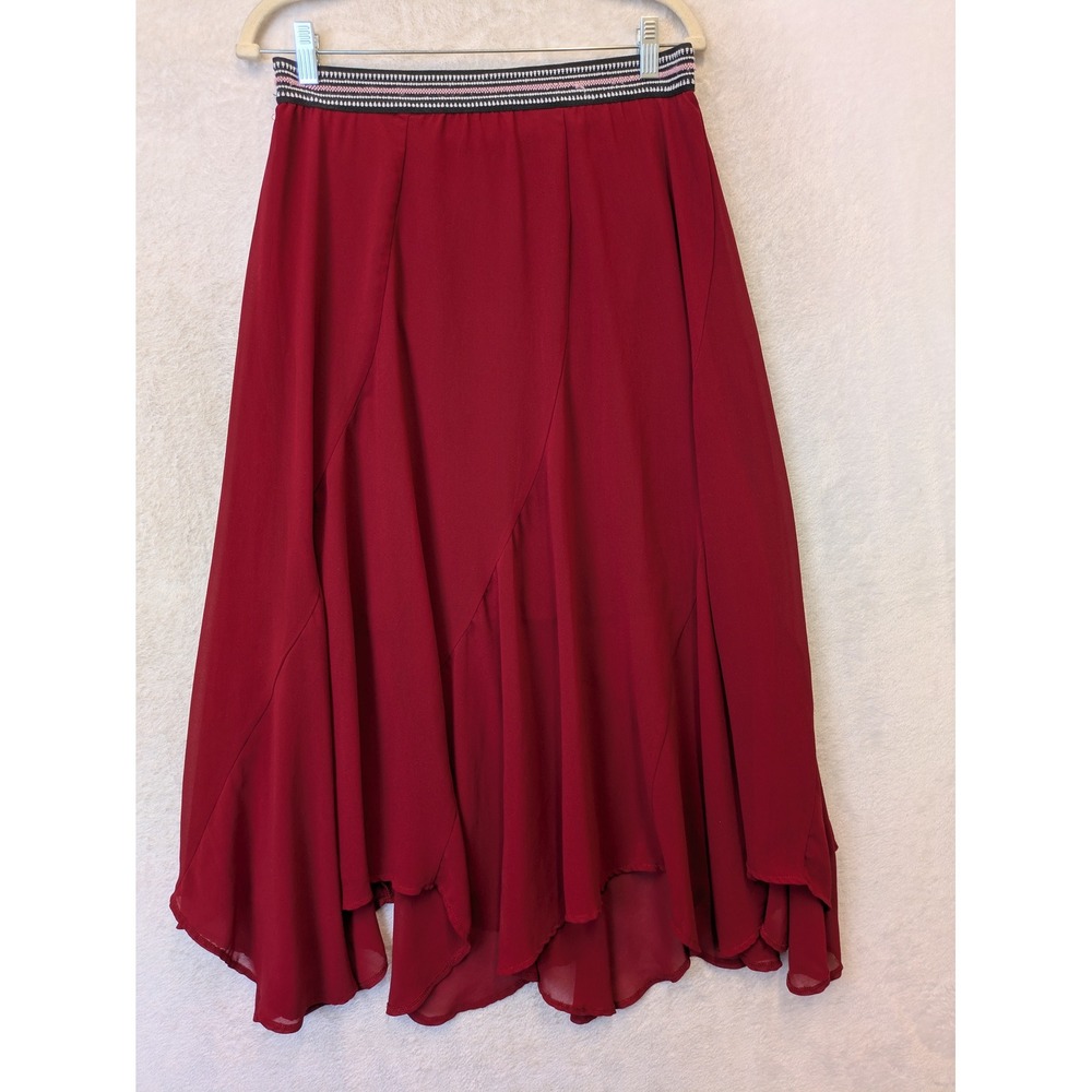 Downeast Skirt‎ Women's M Burgundy Handkerchief Hem Embroidered Midi